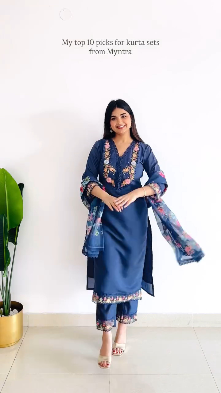 Navy Blue Floral Embroidered Kurta Set with Dupatta
